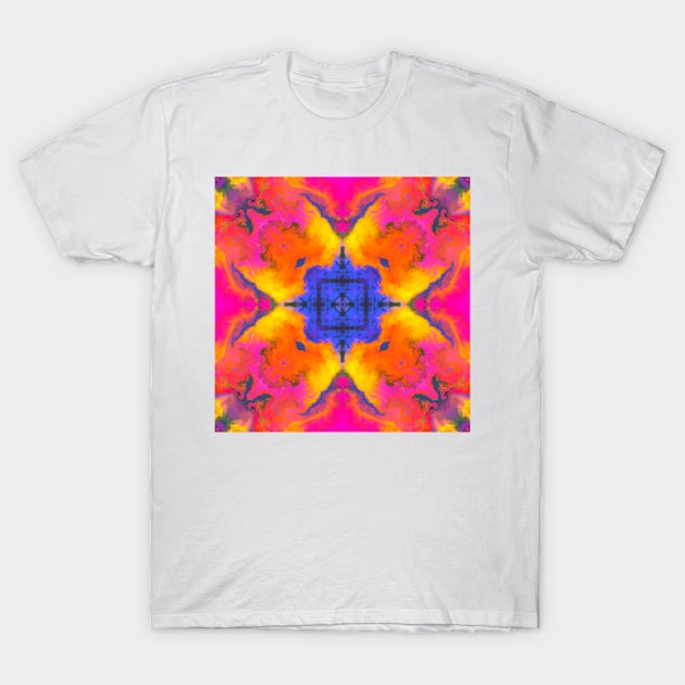 Psychedelic Kaleidoscope Square Blue Yellow and Pink T-Shirt by WormholeOrbital